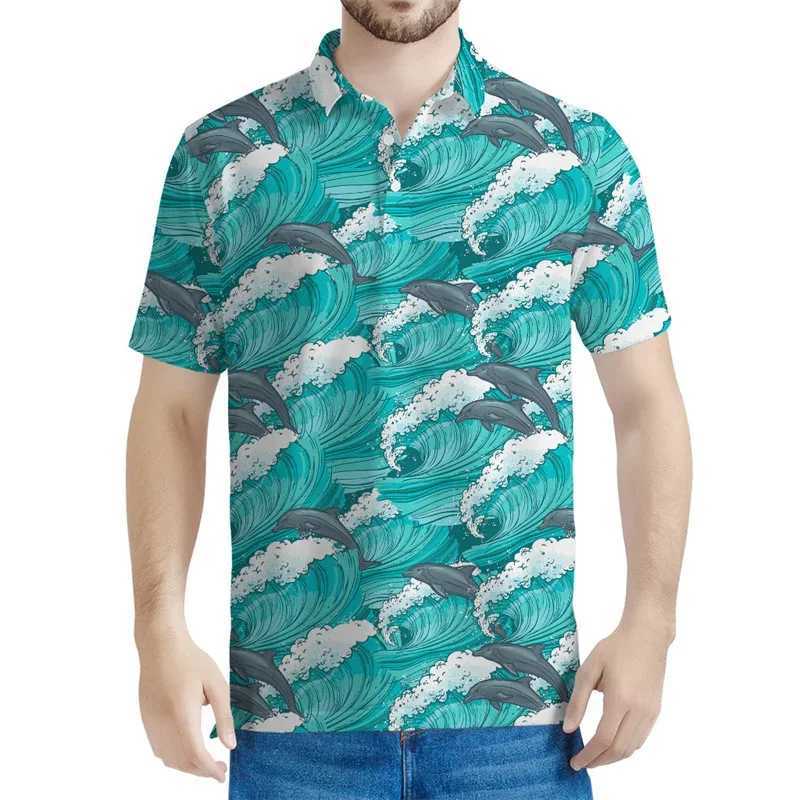 Mens Dolphin 3D Printed Pole Summer Short Sleeve Button Shirt Ocean Animal Collar Loose X250410