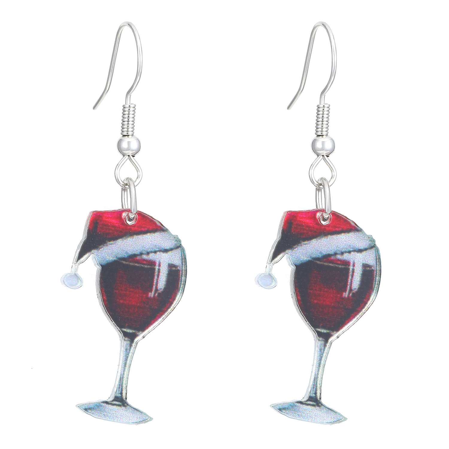 Christmas Wine Glass Pendant for Women Cartoon Acrylic Red Santa Hat Earrings