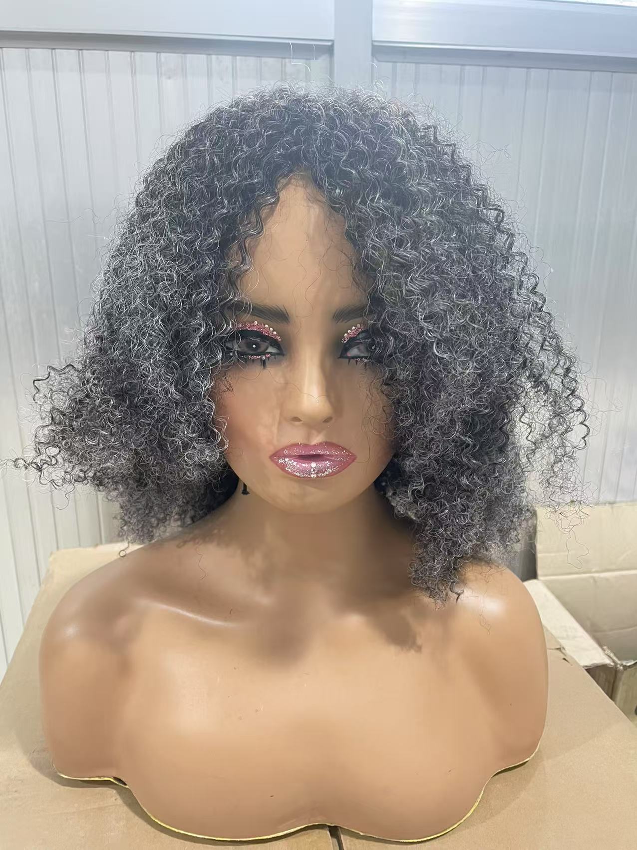 4C afro coily kinky curly gray human wigs silver grey salt and pepper color two tone mixed crochet braid wigs none lace machine made top scalp natural