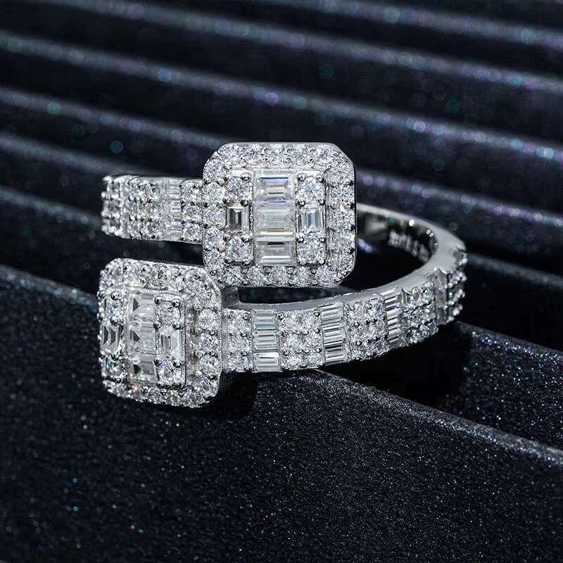 Ladder square Sterling Silver Inlaid Moissanite Diamond Ring Hip Hop High-end Jewelry Mens Ring