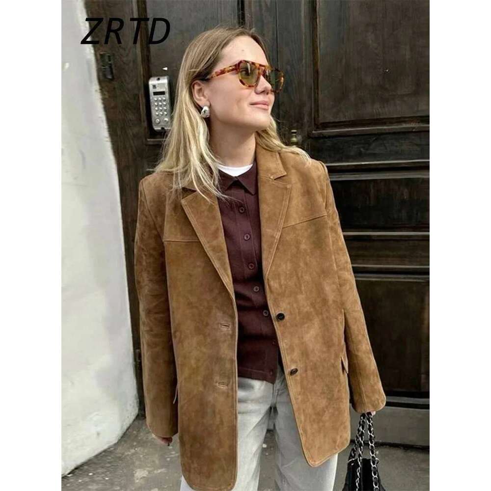 Elegant Women's Suede Jackets Loose Lapel Single Breasted Long Sleeve Female Coats 2025 Spring Lady Street Commute Outwear New
