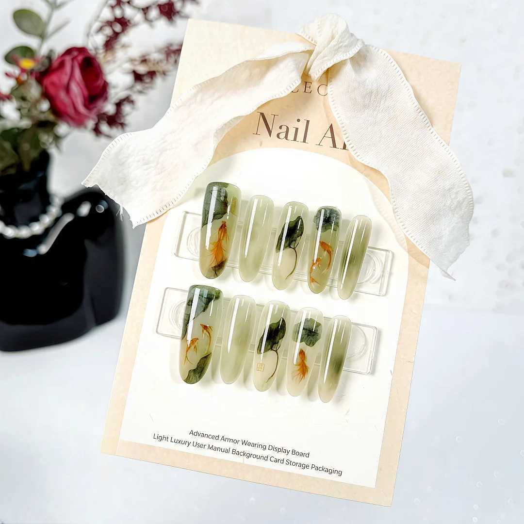 0pcs/set of smooth and long Squoval press on nails fish lotus pattern fake nails women and girls can reuse fake nails W250410