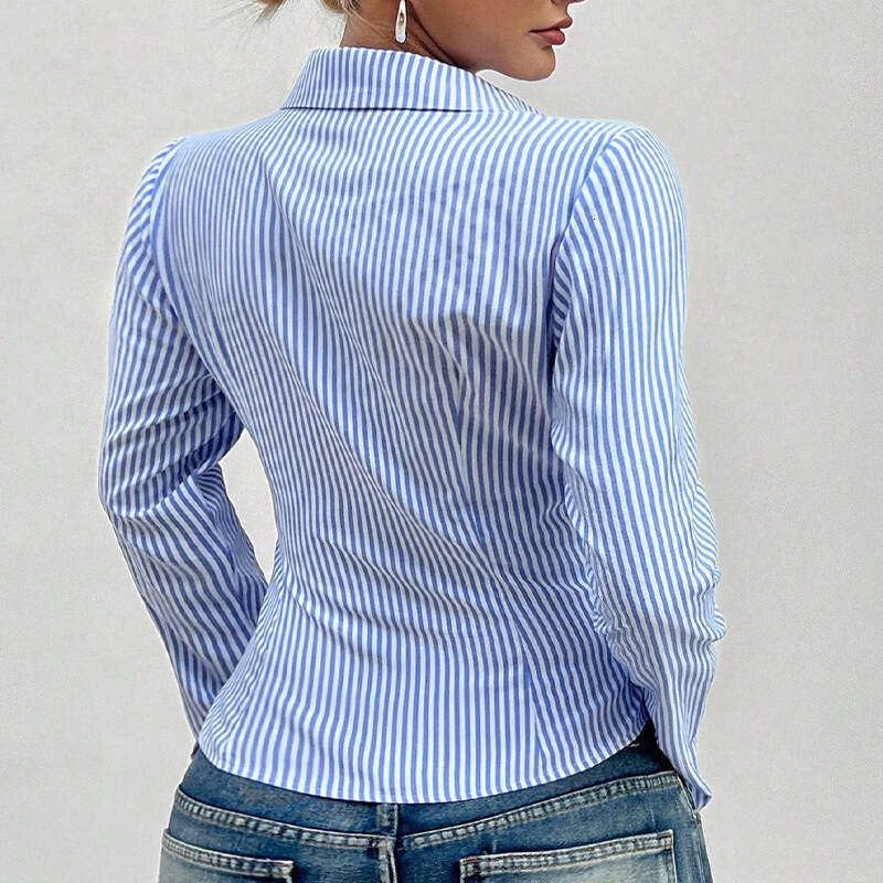 2025 Autumn Foreign Trade European and American Style Striped Women's Fashion Cross-Border Wish Independent Station Elegant Slim Fit Shirt Cardig