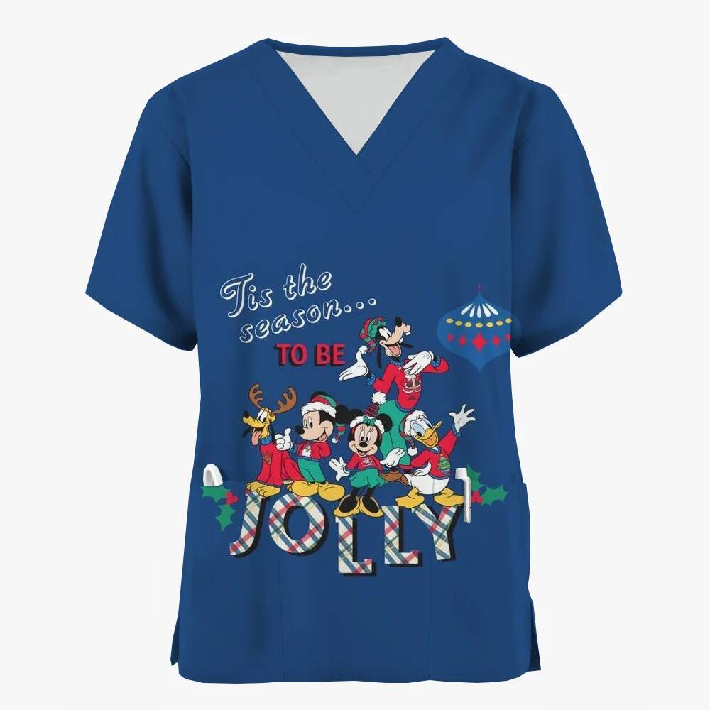 Ddmytues Christmas Mouse Print Nurse Men's And Women's Frosted Short Sleeved Pocket Work Uniform Medical Care Top