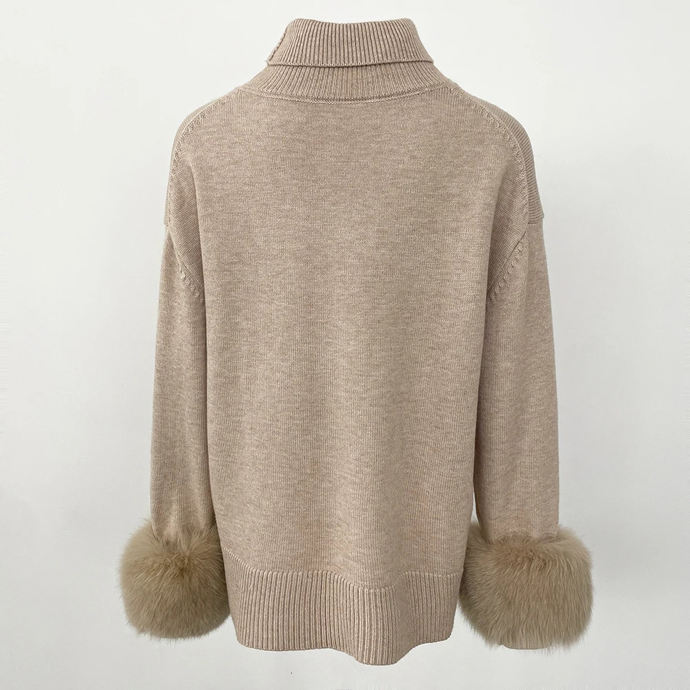 Autumn Winter Standup Collar Sweater Cuff Spliced Natural Fox Fur Sleeves Women Loose Knitted Genuine Real 251110