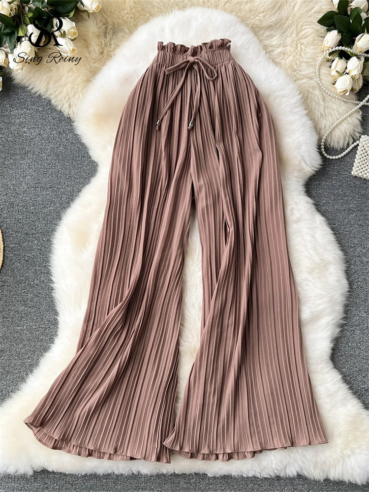 SINGREINY Bandage Basics Casual Pants Women Summer Oversize Draped Wide Legs Pants High Waist Solid Long Pleated Trousers 250409