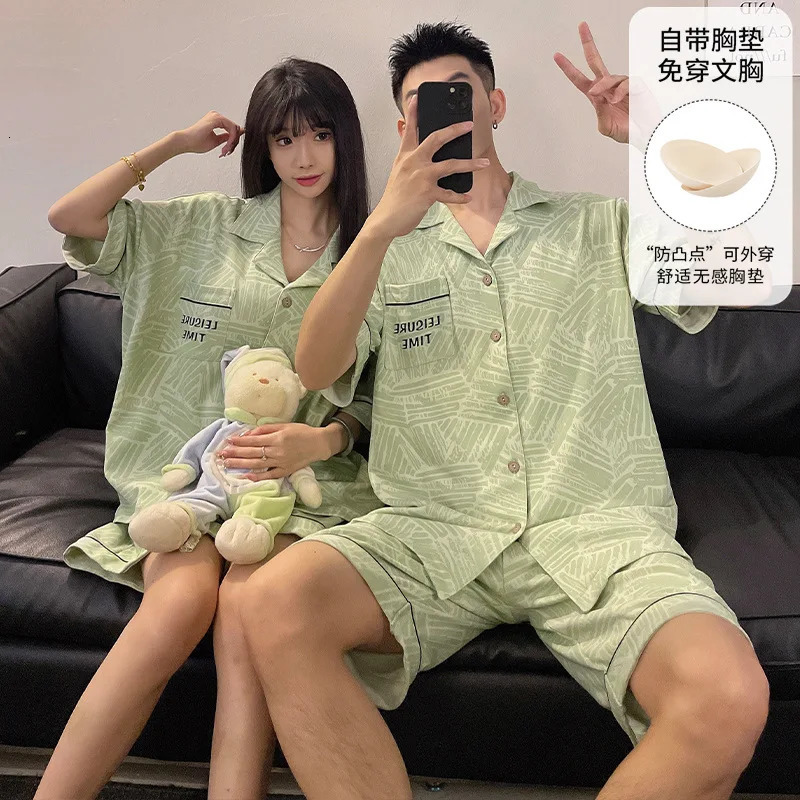 Couple cardigan wool sweater sleepwear summer womens sleepwear set with bra pad mens short sleeved sleepwear para parejas Hombre 250408