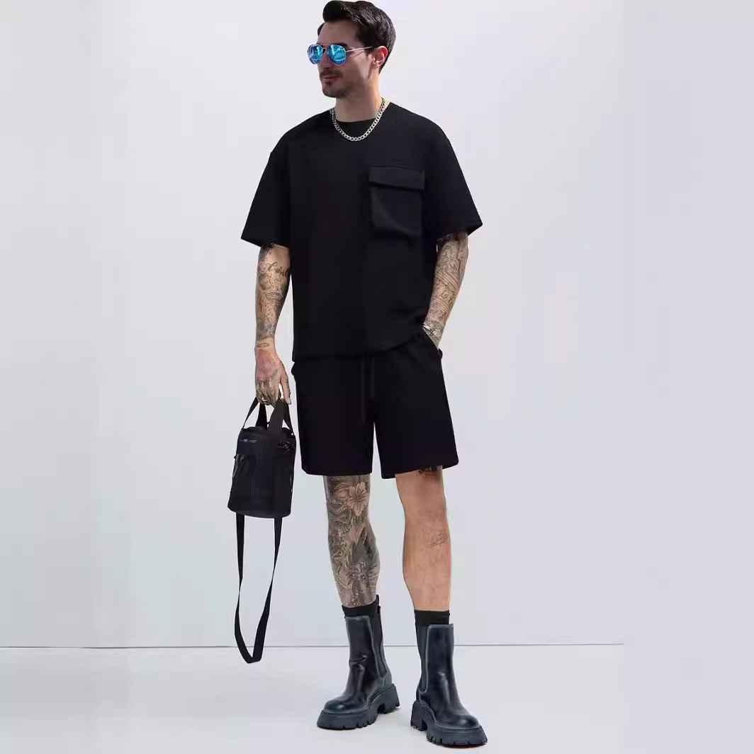 2024 Summer New Sports Set Mens Street Trendy Casual Pocket Short Sleeve Shorts Casual Two Piece Set