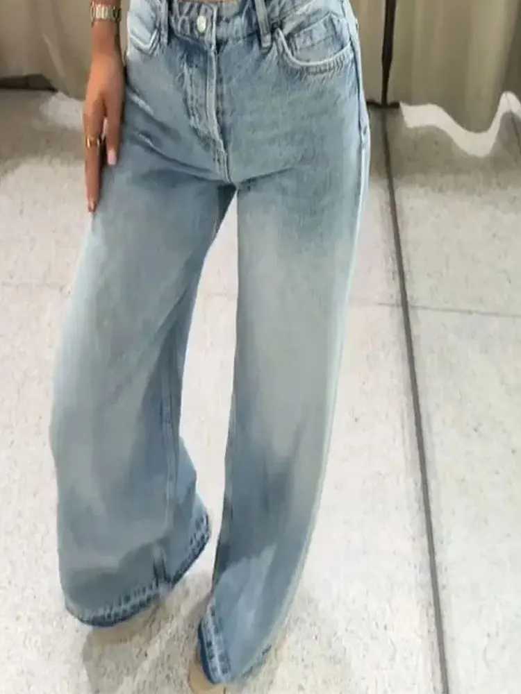 Womens Jean Lace Hollow Out Patchwork High Waist Denim Trouser Ladies Office Commute Streetwear Woman Wide Leg Long Pant C251110