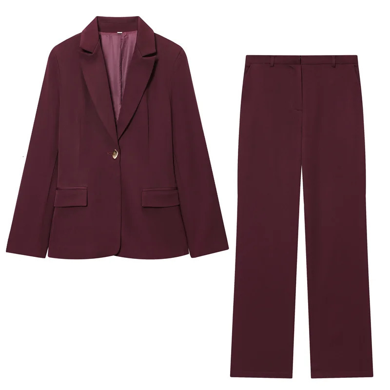 Womens Suit Autumn Wine Red LongSleeve Blazer with Shoulder Pads and StraightLeg Pants Set Fashionable Commuter 251110