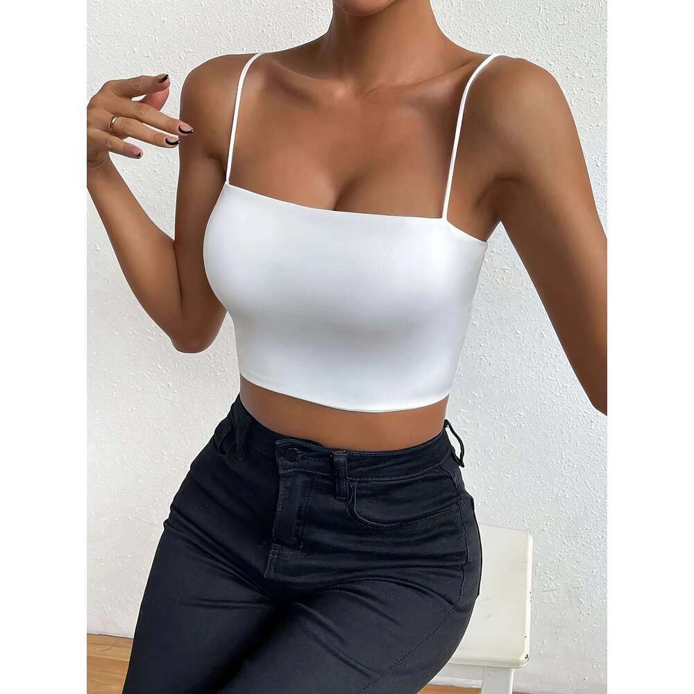 Chic Solid Spaghetti Strap Cami Crop Top Flattering Sleeveless & Backless Design - Lightweight, Fashion-Forward Womens Clothin