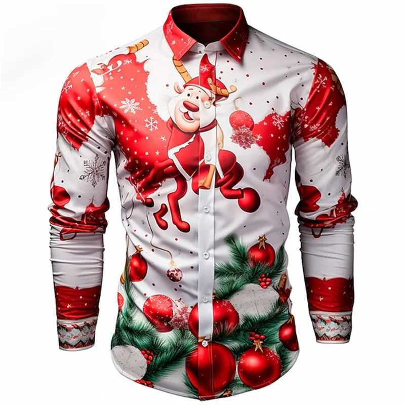 Christmas print shirt Santa Claus tree bell casual daily wear out autumn and winter lapel long sleeve dark red fast delivery K251110