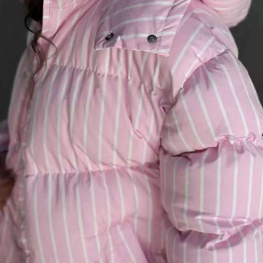 New Winter Fashion Women Pink Stripes Zip Up Bread Parka Coat For Woman Removable Hat Hooded Long Sleeve Outerwear