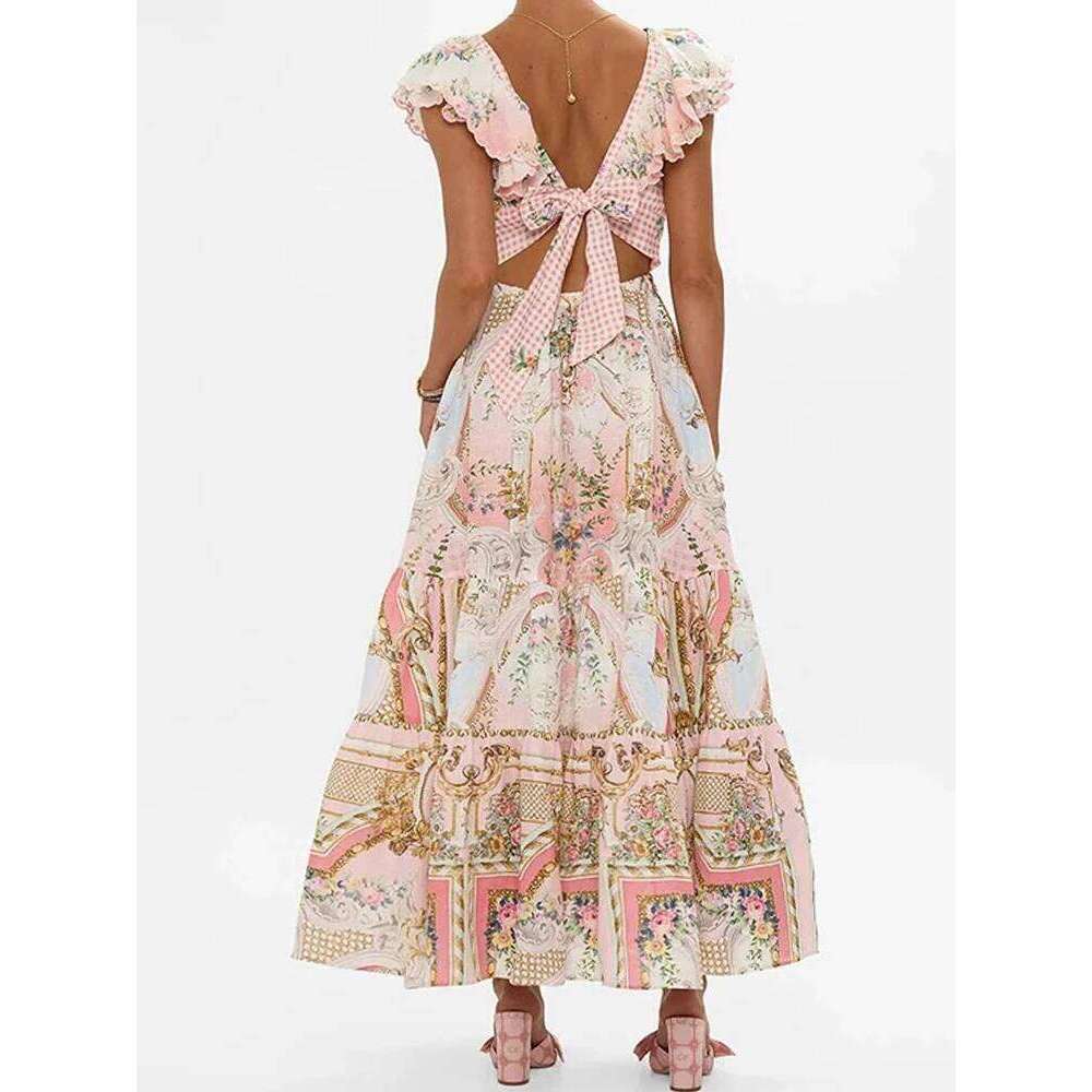 Retro Bohemian V-Neck Back Strap Sexy Long Skirt 2025 Summer Women's New Print Design Seaside Holiday Big Swing High Waist Dress