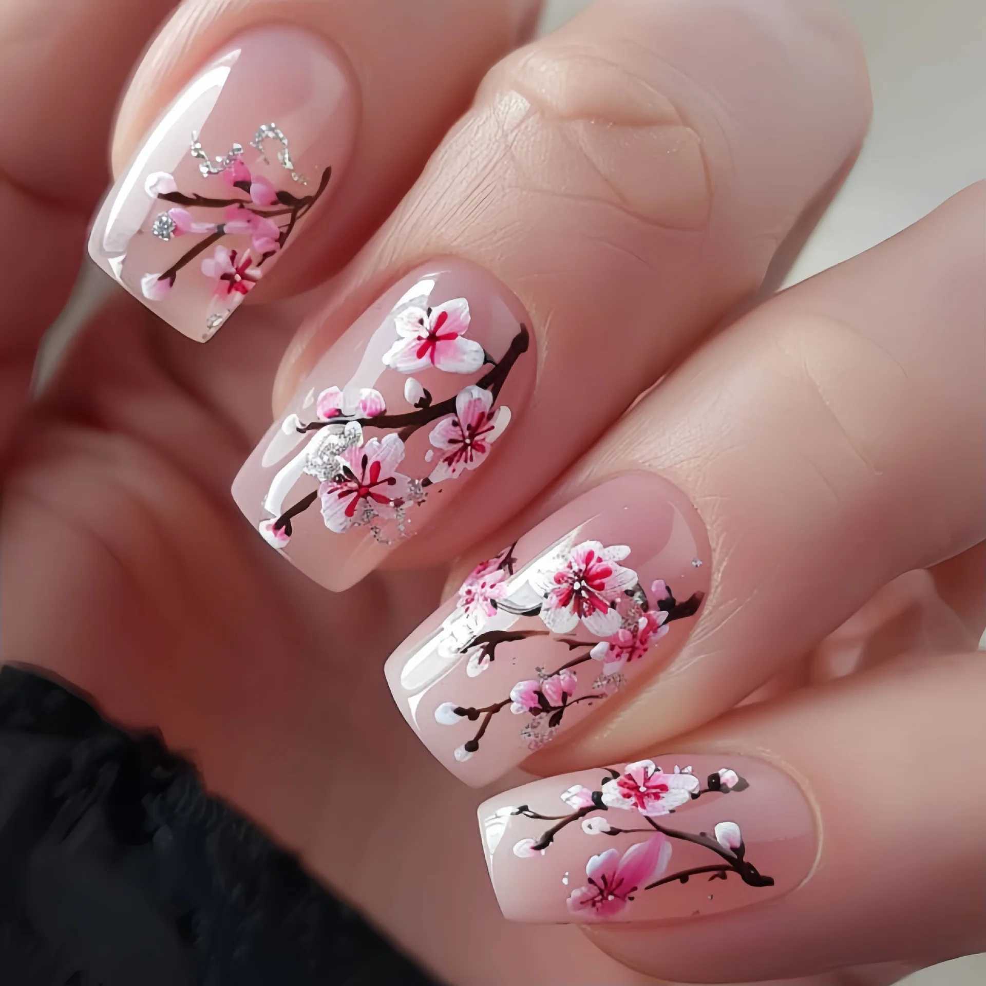 24 Cute Bee Fake Nails with Jelly Glue Medium length Ballet Fake Nail Art Tips Flower Design Wearable Nail Set Pressing W250410
