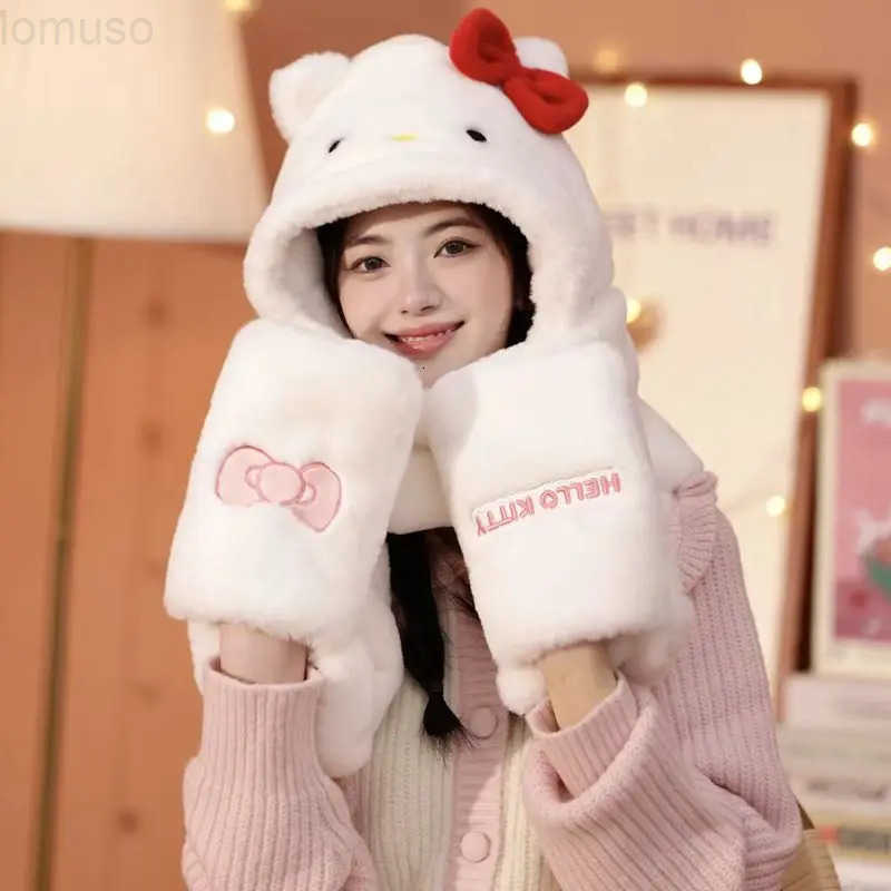 Sanrio Hello Kitty Cartoon Cute Fleece-Lined Warm Hat Scarf and Gloves Creative Kawaii Girl Thickened Warm Student Three-Piece Gift Set H251110