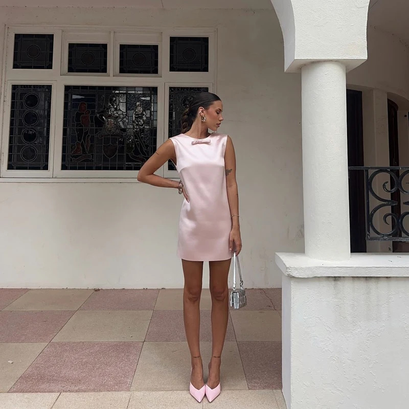 Tee Bow backless satin mini dress for women elegant and fashionable sleeveless patch work party dress for women solid mini dress for women 250403