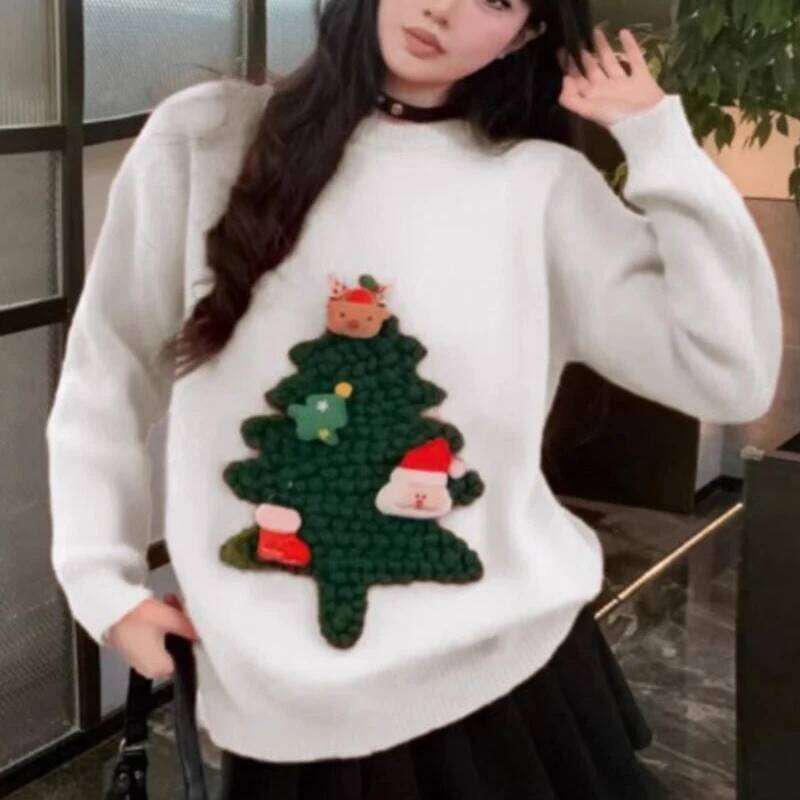 Autumn Winter Women Red Sweet Chic 3D Christmas Tree Knitted Sweater Casual O Neck Long Sleeve Pullover Tops Female Loose Jumper Designer Sweater Wome