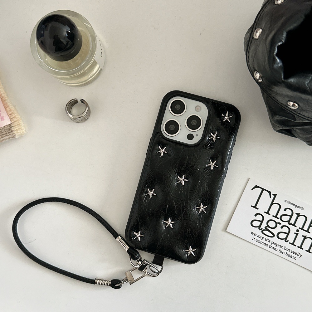 Black Oil Wax Leather Pentagram Rivet Phone Case Compatible with iPhone 17/16 Simple Anti-drop iPhone 15/14 Pro Niche