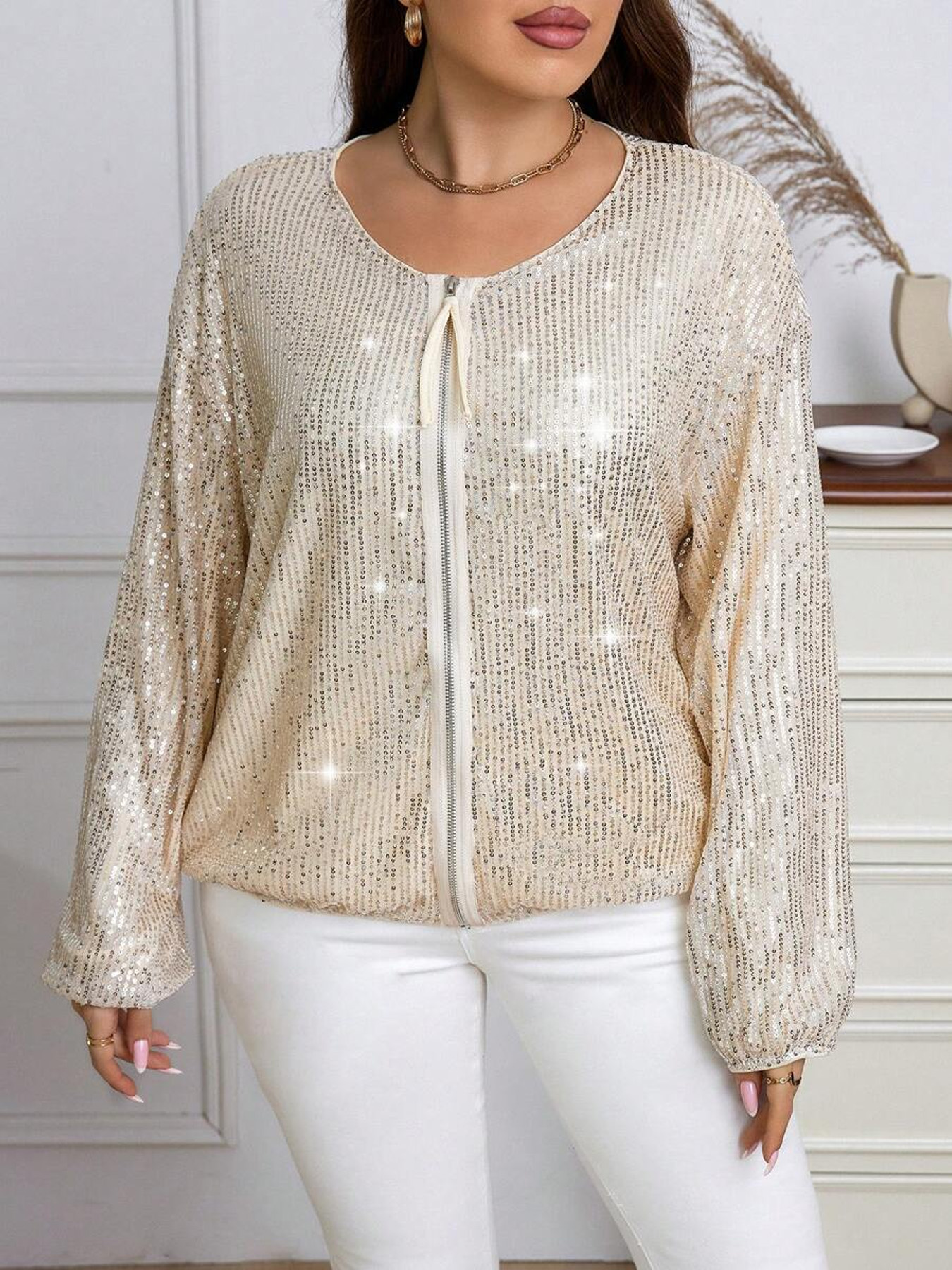 Women's Sequin Baseball Jacket, Zip-Up Casual Daily Commute Coat, Apricot----D362