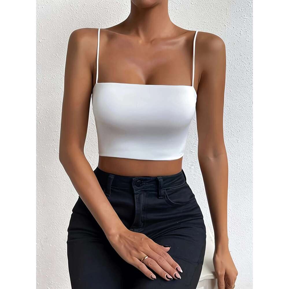 Chic Solid Spaghetti Strap Cami Crop Top Flattering Sleeveless & Backless Design - Lightweight, Fashion-Forward Womens Clothin