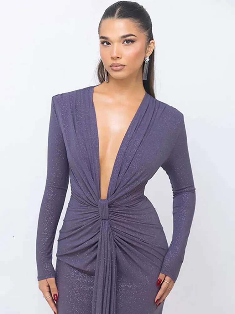 Streamer Glitter Long Dresses Deep V Ribbon Split Women Sparkle Dress Sexy Slim Fit Socialite Elegant Club Evening Gown Robes