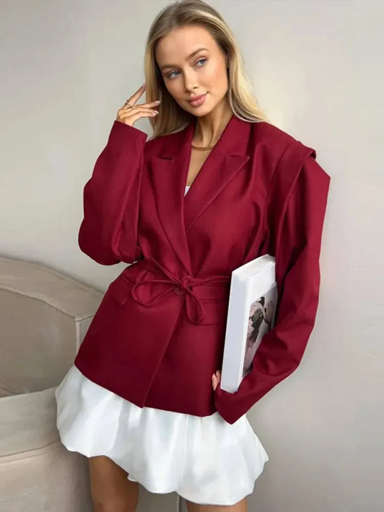 Trendy Oversized Womens Belt Blazer Suit Solid Loose Fit Slim Jacket Elegant Formal Female Coat Summer Outerwear Outfit 251110
