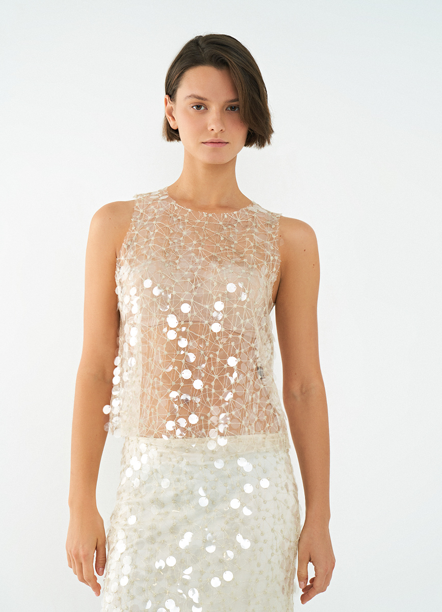 Women's Beige Large Sequin Scoop Neck Sleeveless Top, Flared Silhouette Party Blouse