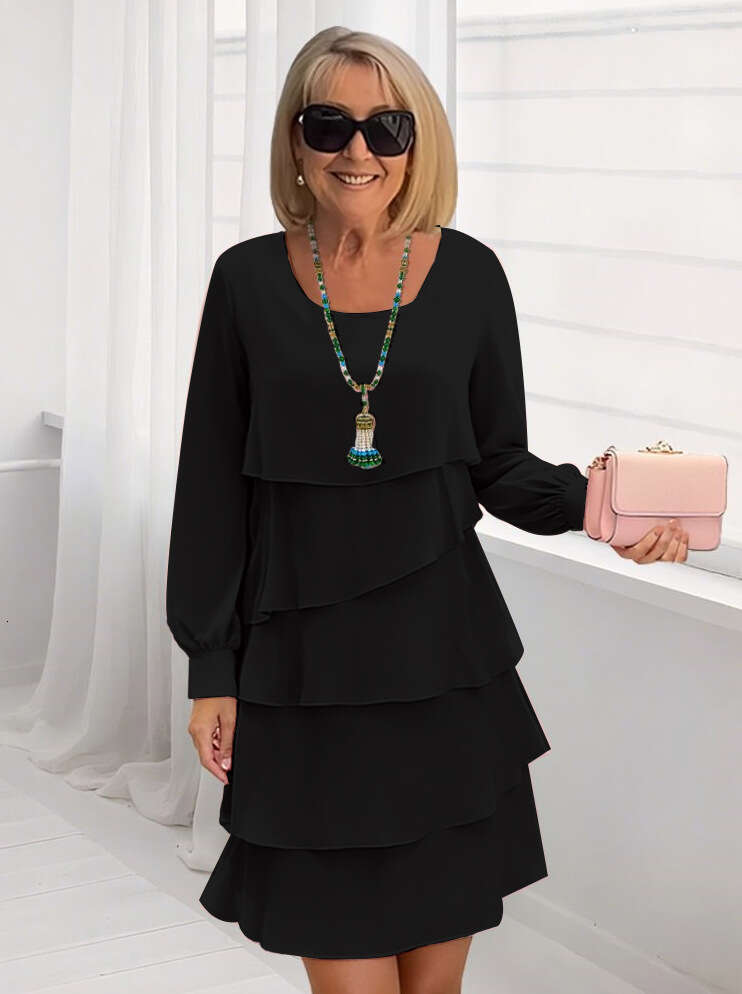 2025 Amazon Foreign Trade Autumn Fashion Cake Women's Elegant Loose Slimming Round Neck Long Sleeve Dress