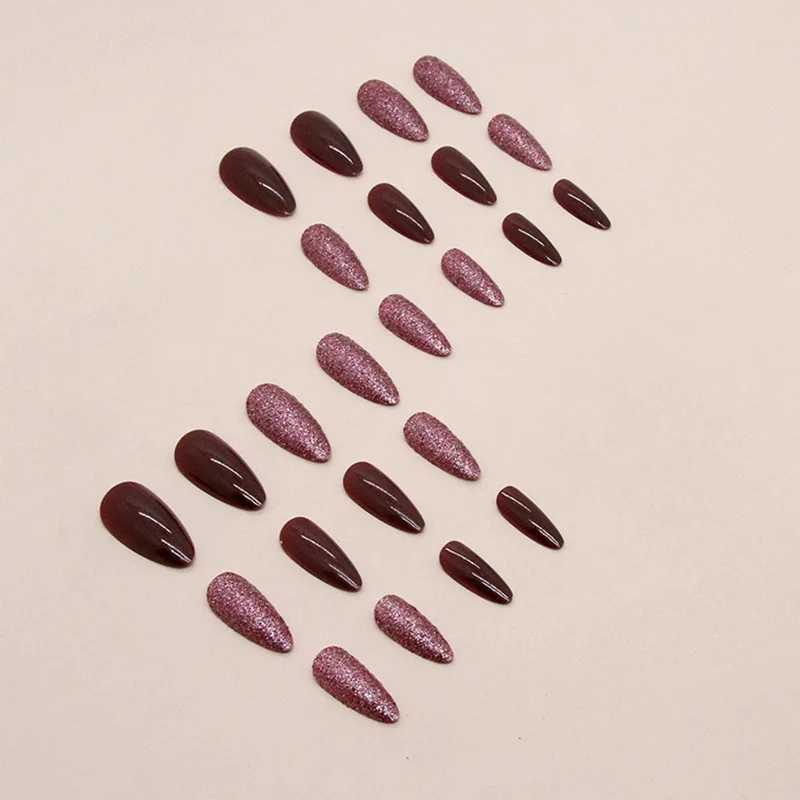 24 pieces of cherry red glitter pressed on nails pink gradient fake nails smooth artificial fingers reusable female fake nails W250410