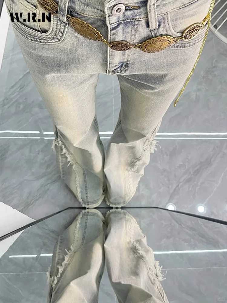 Vintage Casual Trashy Flared Pants Womens Y2K Tassels Full Length Denim Trouser Street Retro Grunge 2000s High Waist Jeans C251110