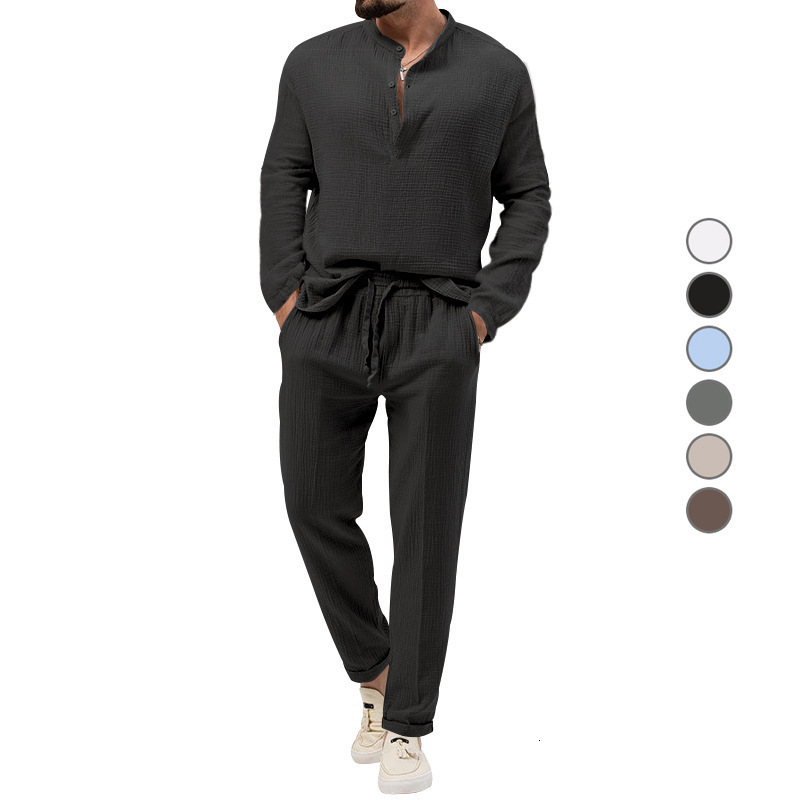 Cross 2024 Spring and Autumn Mens Solid Color Casual T-shirt Long Sleeve Shirt Long Pants Set