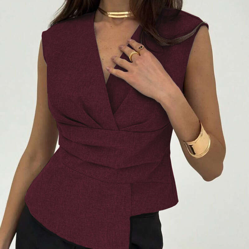 2025 European and American Cross-Border Independent Station Amazon Solid Color Small Vest Women's Elegant Sleeveless Waist-Cinching Pullover Top 