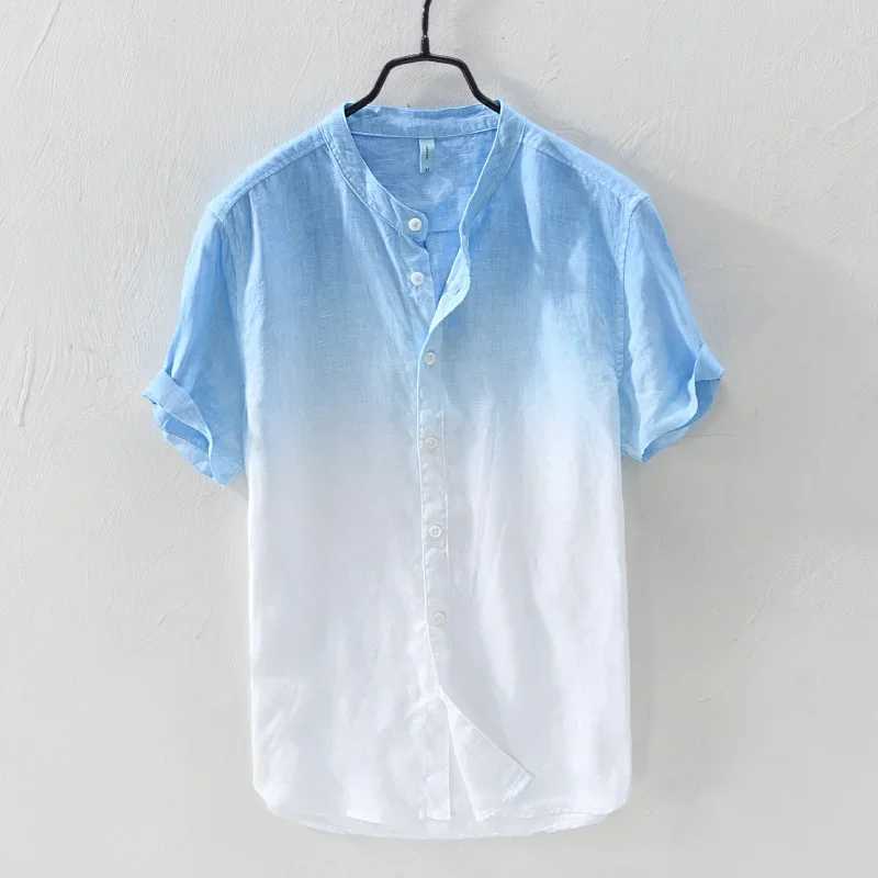 Short sleeved 100% linen cool breathable comfortable and healthy material gradient beach mens cardigan X250410
