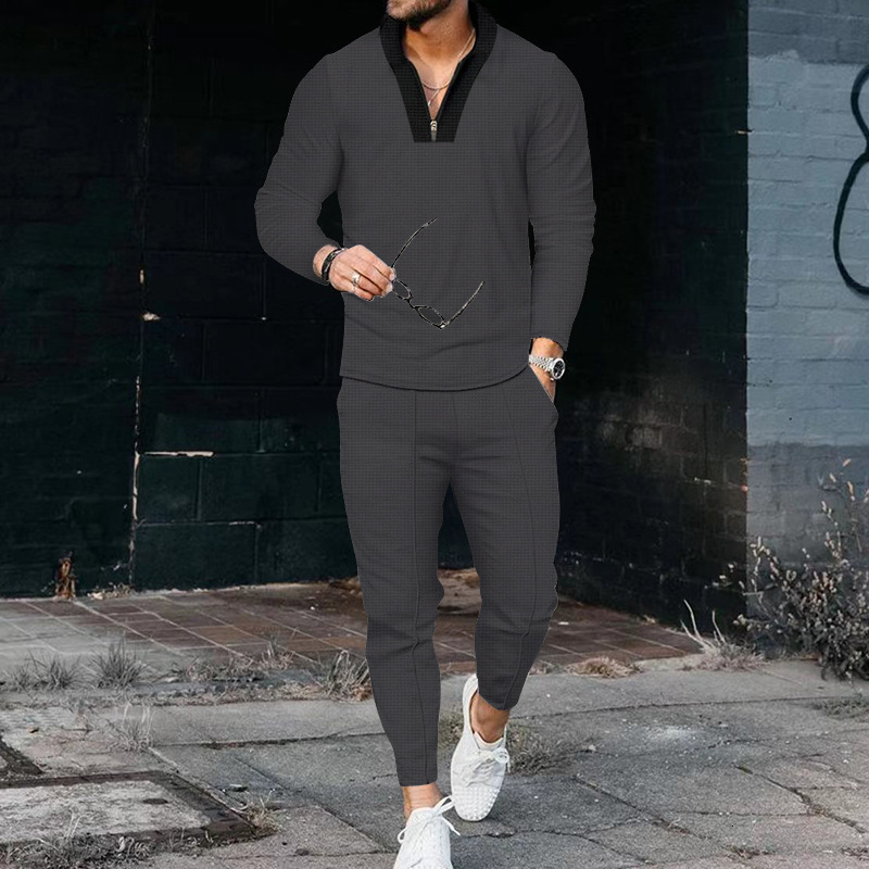 Mens waffle long sleeved patchwork stand up collar set fashionable casual sports set for men