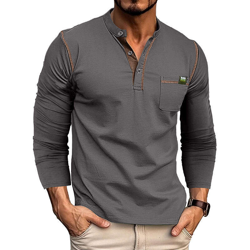 European and American Henry shirt long sleeved color blocked knitted T-shirt men's wholesale 2025 new casual fashion trend clothing