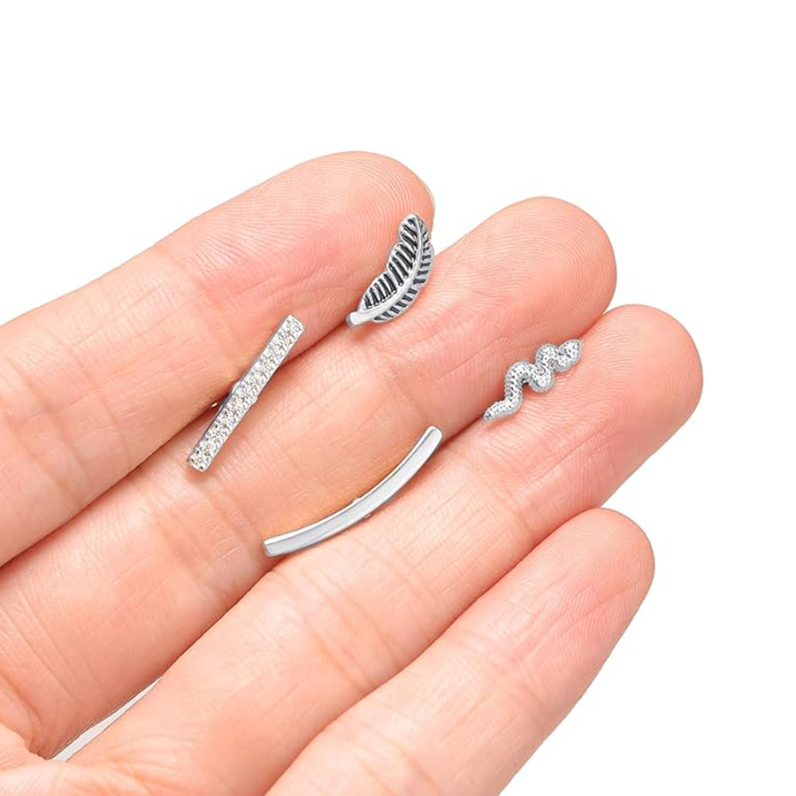 9 Pcs Cartilage CZ Stud Earrings Conch Forward Helix Tragus Daith Piercing Lip Rings Snake Heart Butterfly Jewelry for Women Men 16G Silver Tone