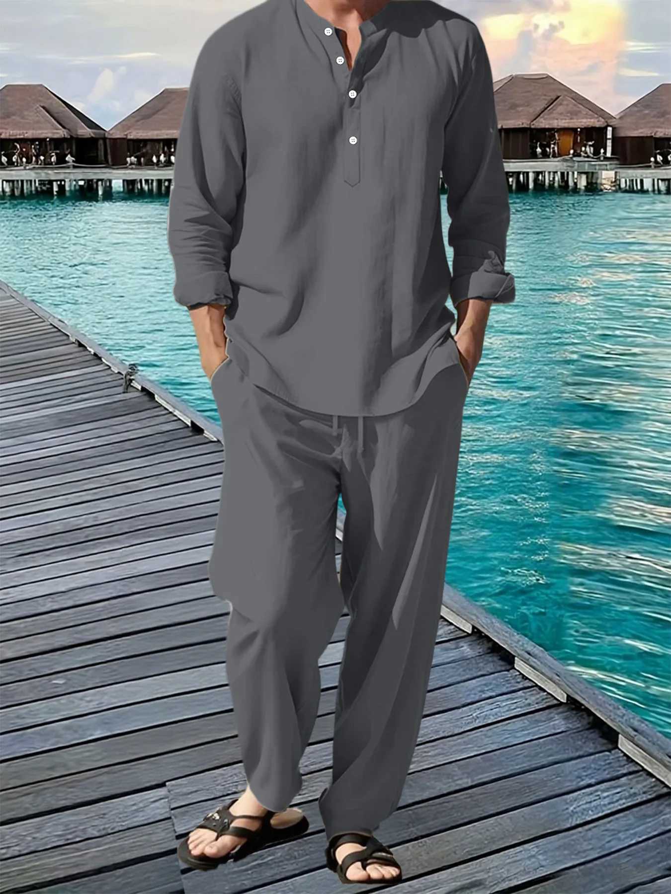 New Long Sleeve Henley Shirt Pants Suit Men Lightweight Breathable Streetwear Solid Color Business Button Polo Shirts Long Pants W251110