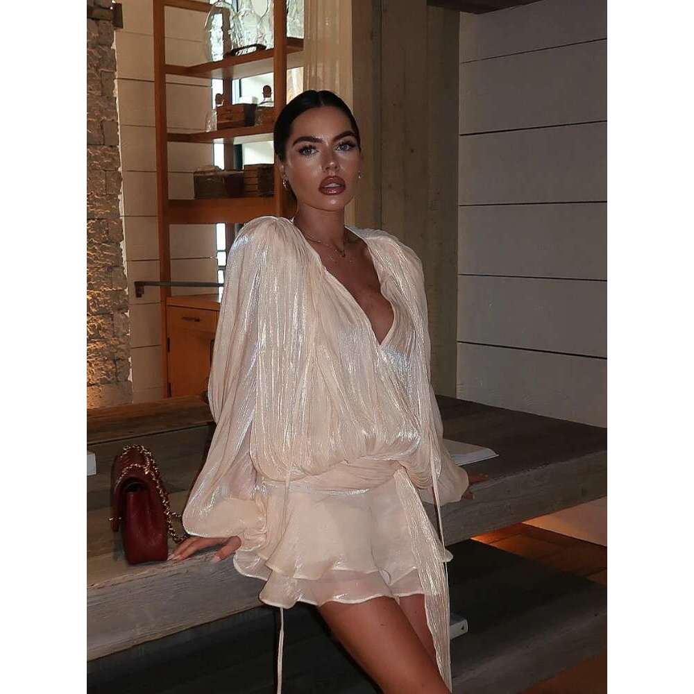 Elegant Solid Blouse Mini Dresses For Women V Neck Long Sleeve Spliced Lace Up Sweet Style Dress 2025 New Street Party Vestidos