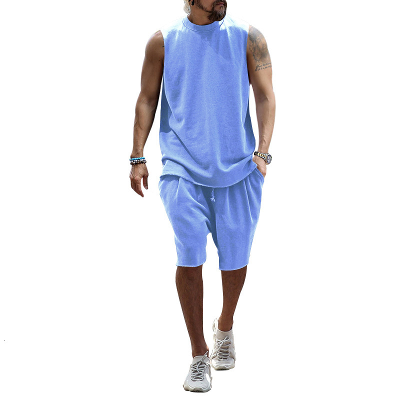 New plus size mens sleeveless sports suit casual shorts loose summer vest two-piece set