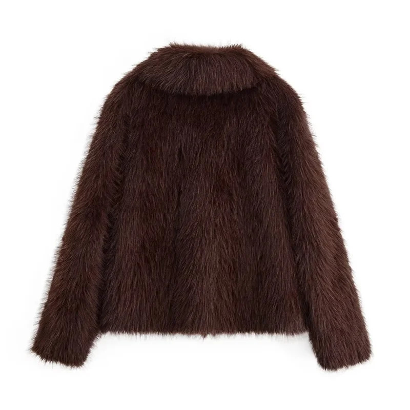 Womens Jacket Autumn Style Brown LongSleeve Faux Fur Reversible Warm Coat Elegant and Stylish 251110