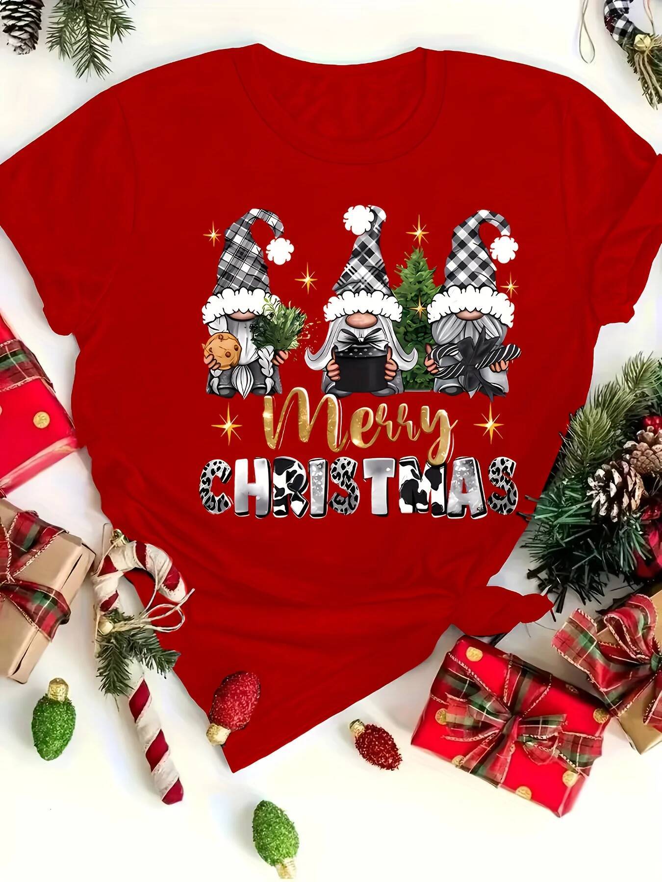 Ddmytues Christmas Women's Red T-Shirt Merry Lettering Black T-Shirt Top With White Gnome Women