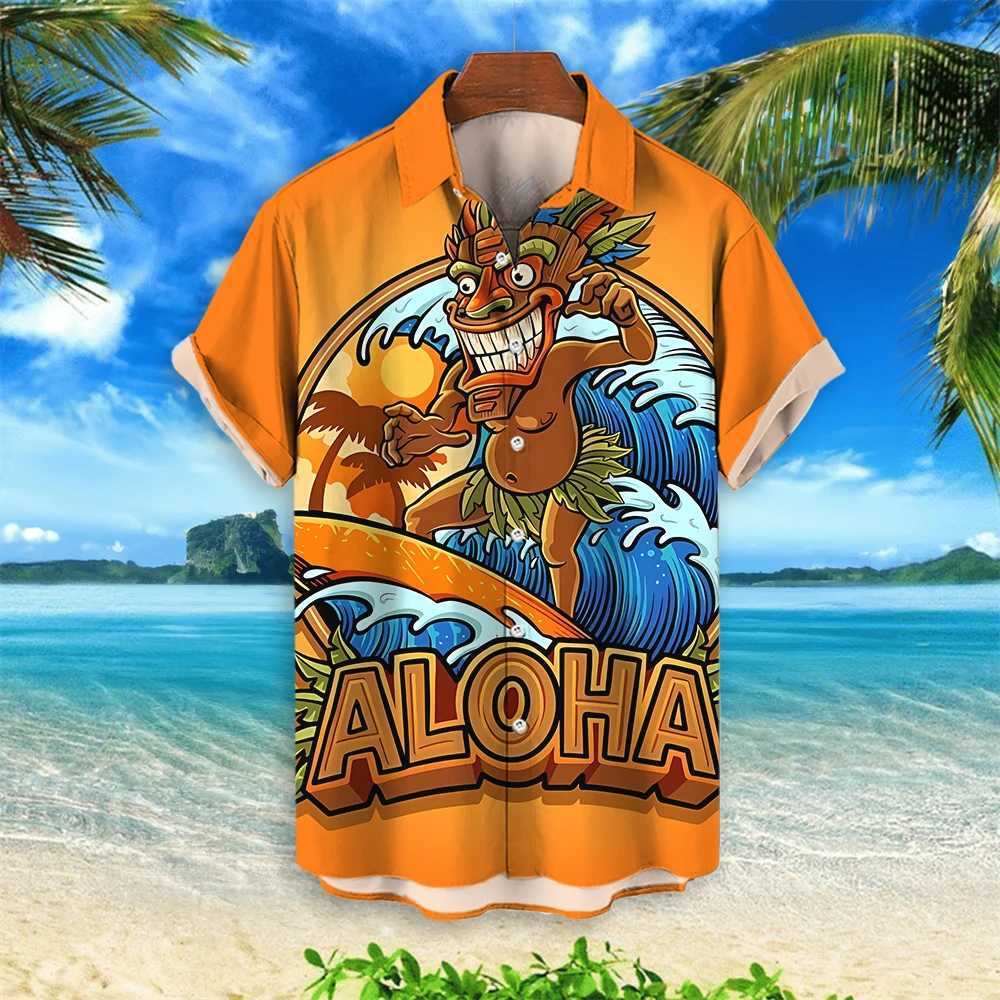 2024 New Retro Mens Wear 3D Tiki Printed Hawaiian Mens Wear Loose Casual Mens Wear Fashion Trend Mens Short Sleeves X250410