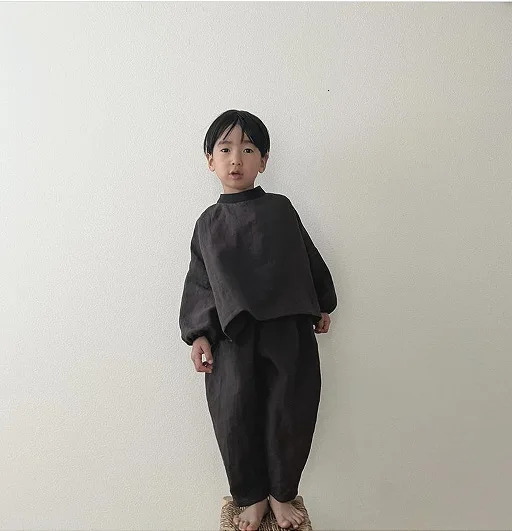 Childrens clothing set autumn cotton linen casual T-shirt and loose casual pants unisex fashion two-piece set 250409