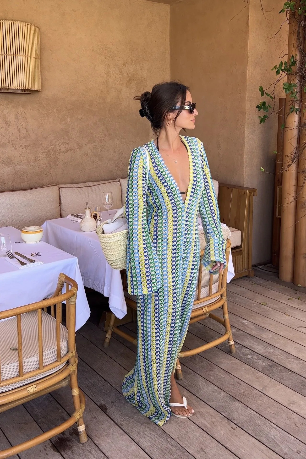 Crochet colorful striped Maxi dress womens flame sleeve V-neck high score style sexy long dress autumn beach banquet vest 250409