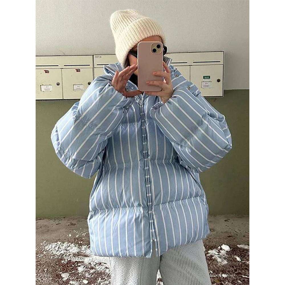 Striped Women's Winter Quilted Jacket Hooded Thicken Single Breasted Long Sleeve New Casual Female Coat Chic Loose Outwear