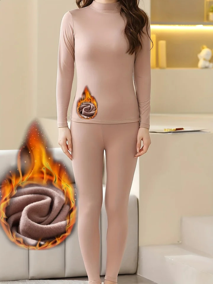 Solid Color Thermal Underwear Set for Women Featuring a Sexy High-Neck Long-Sleeve Top And Thickened Fleece Long Pants Perfect 251105