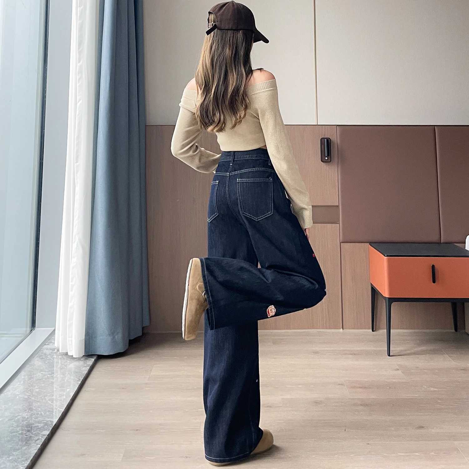 Womens Dog Embroideried Wide Leg Jeans Lady Spring Autumn High Waist Loose Straight Long Jeans C251110