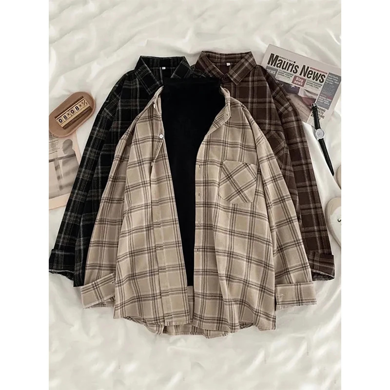 MEXZT retro oversized plain weave shirt womens street clothing long sleeved shirt Harajuku Korean style loose pocket casual full matching top 250409