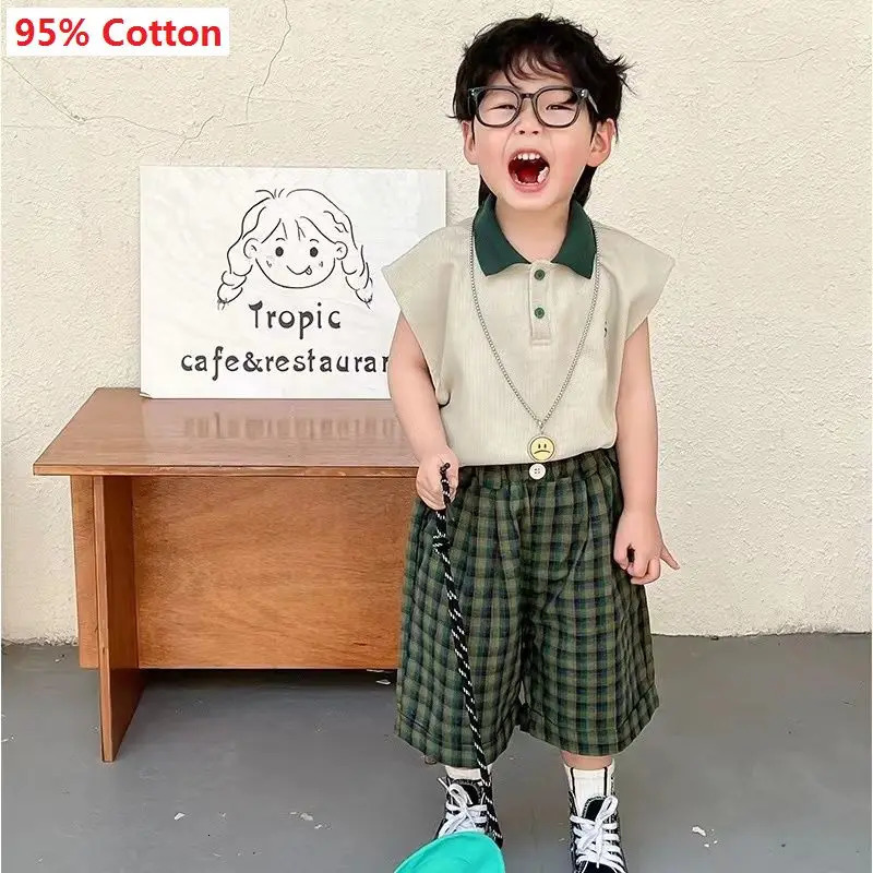 Boys sleeveless polo shirtgreen mesh pants 2-piece set childrens fashionable casual sports top and bottom two-piece set childrens clothing 250409